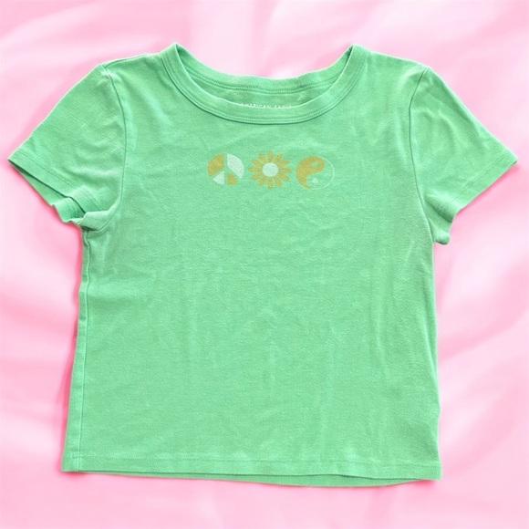 American Eagle Outfitters 70s Peace Graphic Lime Green Short Sleeve Crop Top M - Picture 1 of 8